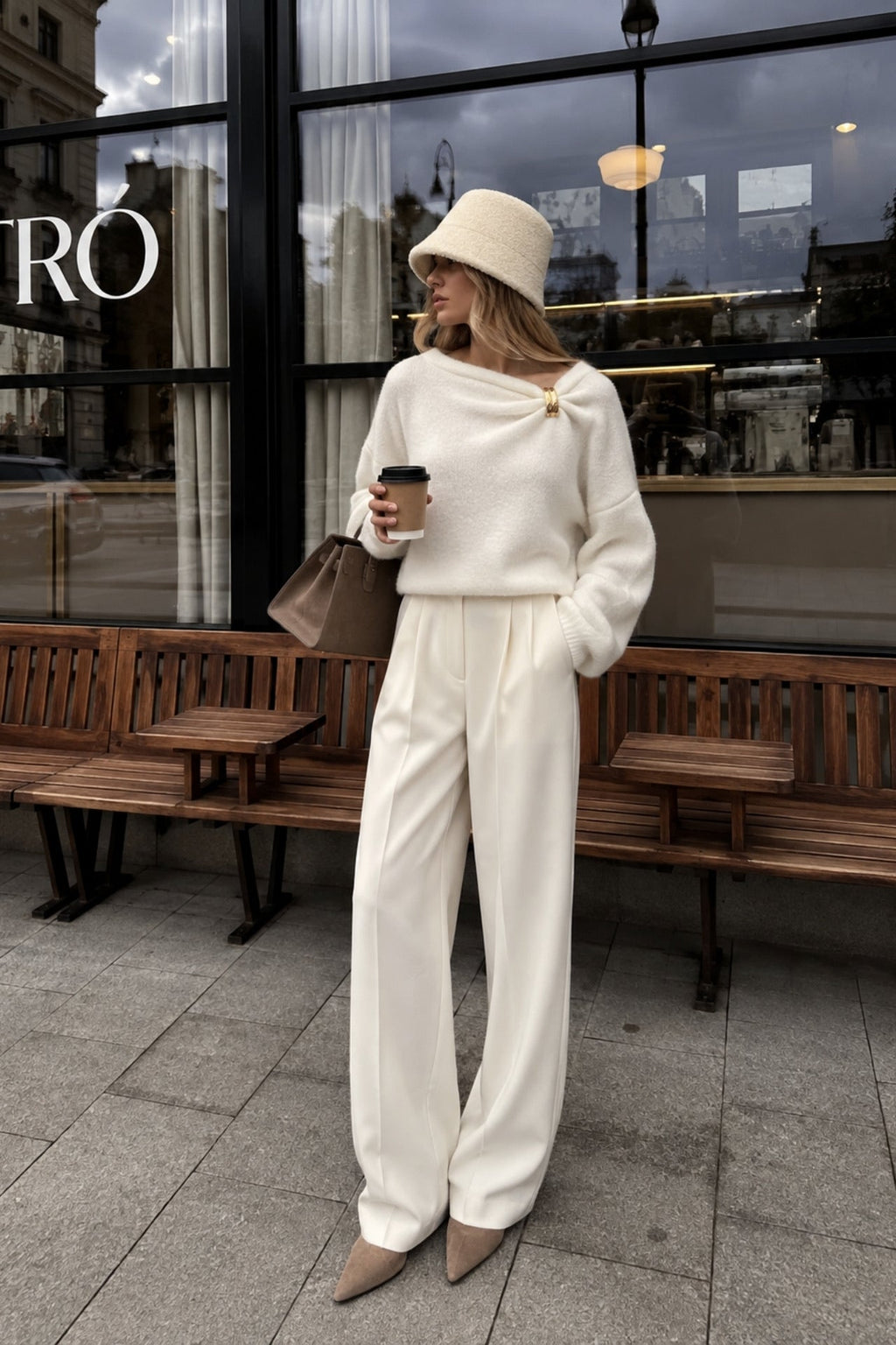 Cairn Draped-Neck Detail Knit Sweater – White