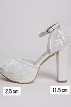 White Floral Lace Wedding Shoes - Platform Block Heel Open Toe Bridal Shoes