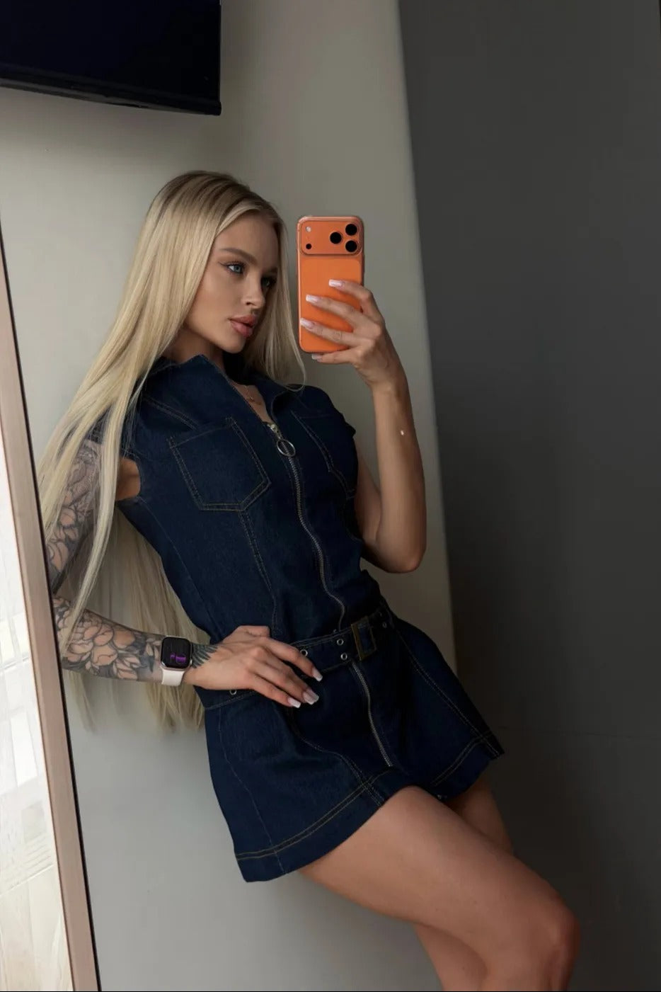 Aveline Denim Belted Mini Dress