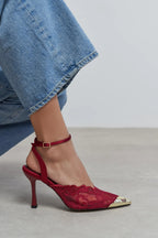 Celestia Royale Lace Couture Ankle Strap Heels – Burgundy