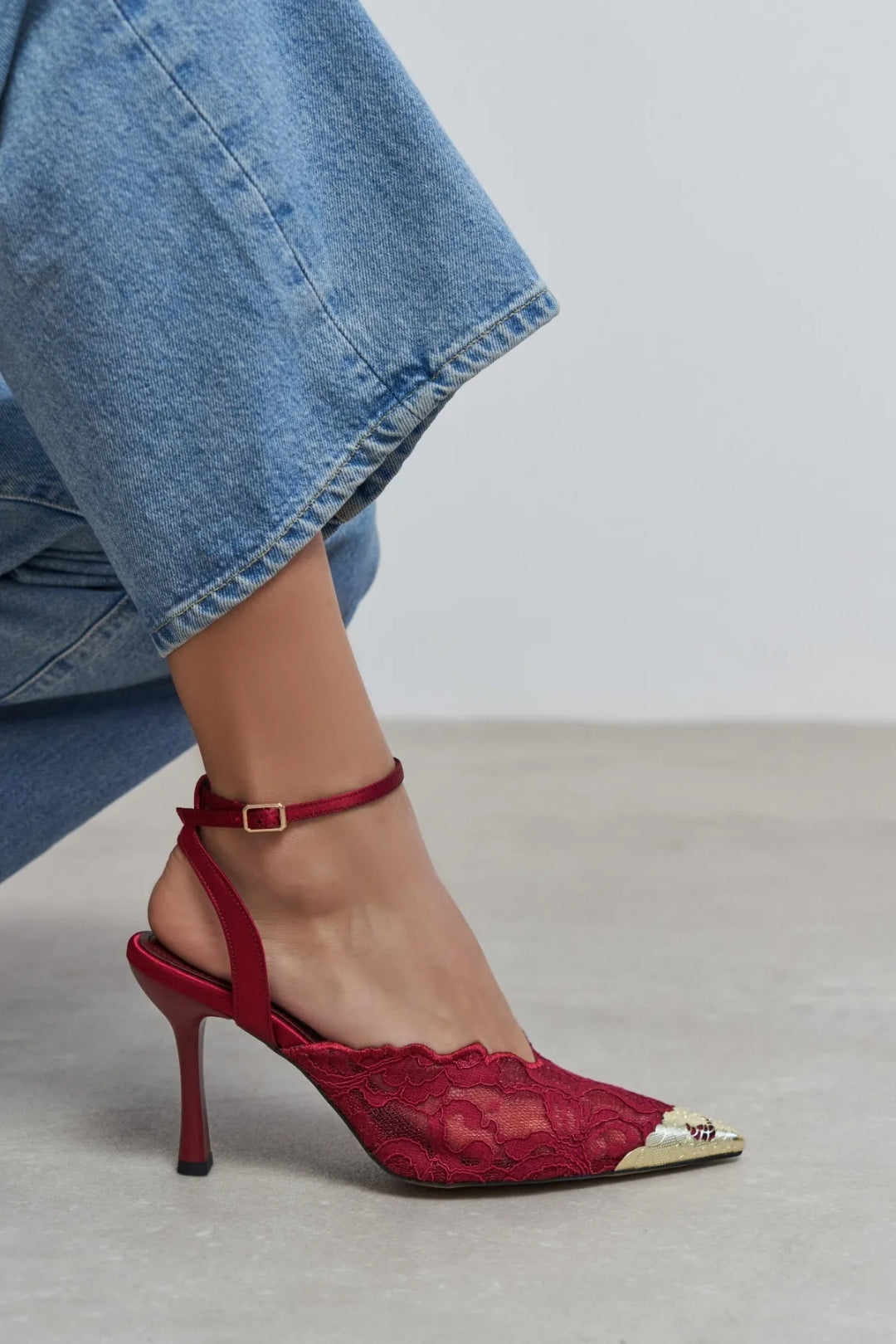 Celestia Royale Lace Couture Ankle Strap Heels – Burgundy