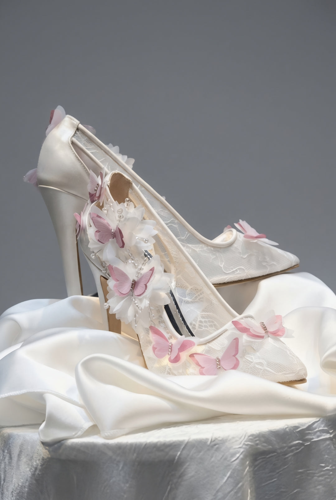 Pink Butterfly White Lace Bridal Stilettos