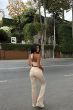 Amina Stone-Detail Flare Pants Set – White