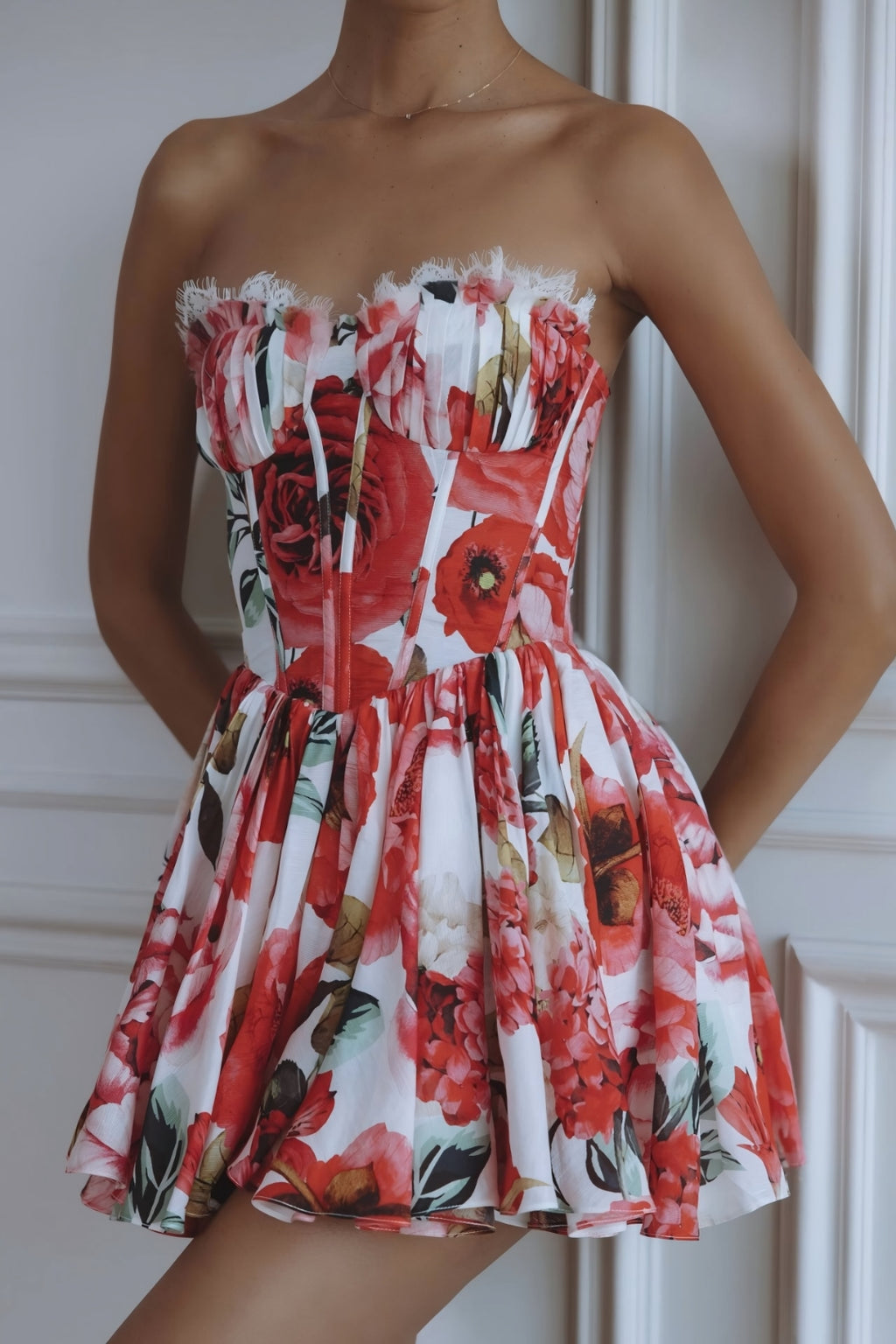 Maribelle Floral Corset Mini Dress – Red