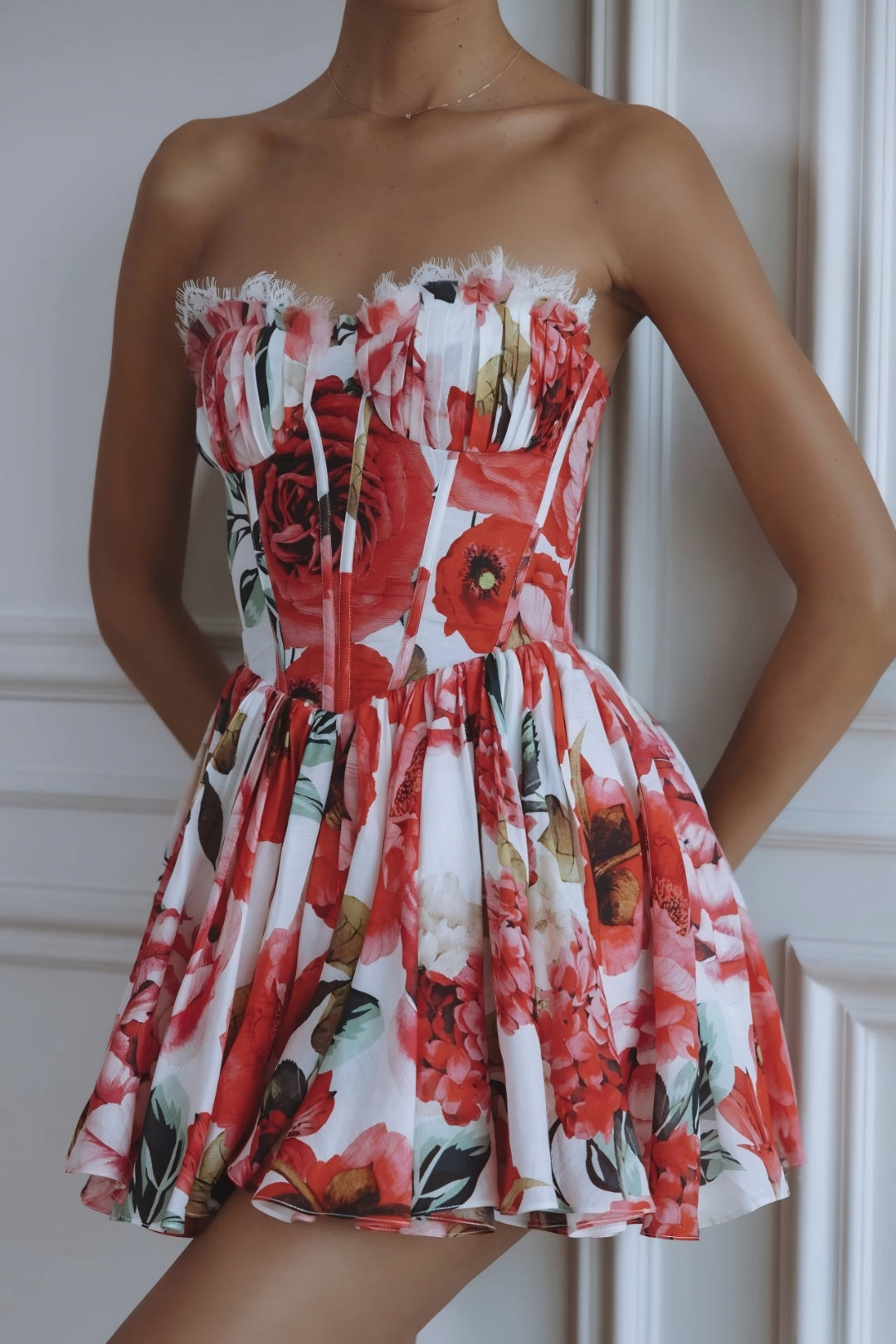 Maribelle Floral Corset Mini Dress – Red
