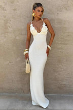 Solara Bloom Crochet Maxi Dress – White Floral Lace Knit