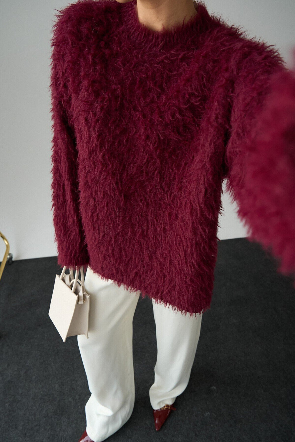 Drexen Fluffy Textured Crew-Neck Sweater – Cream