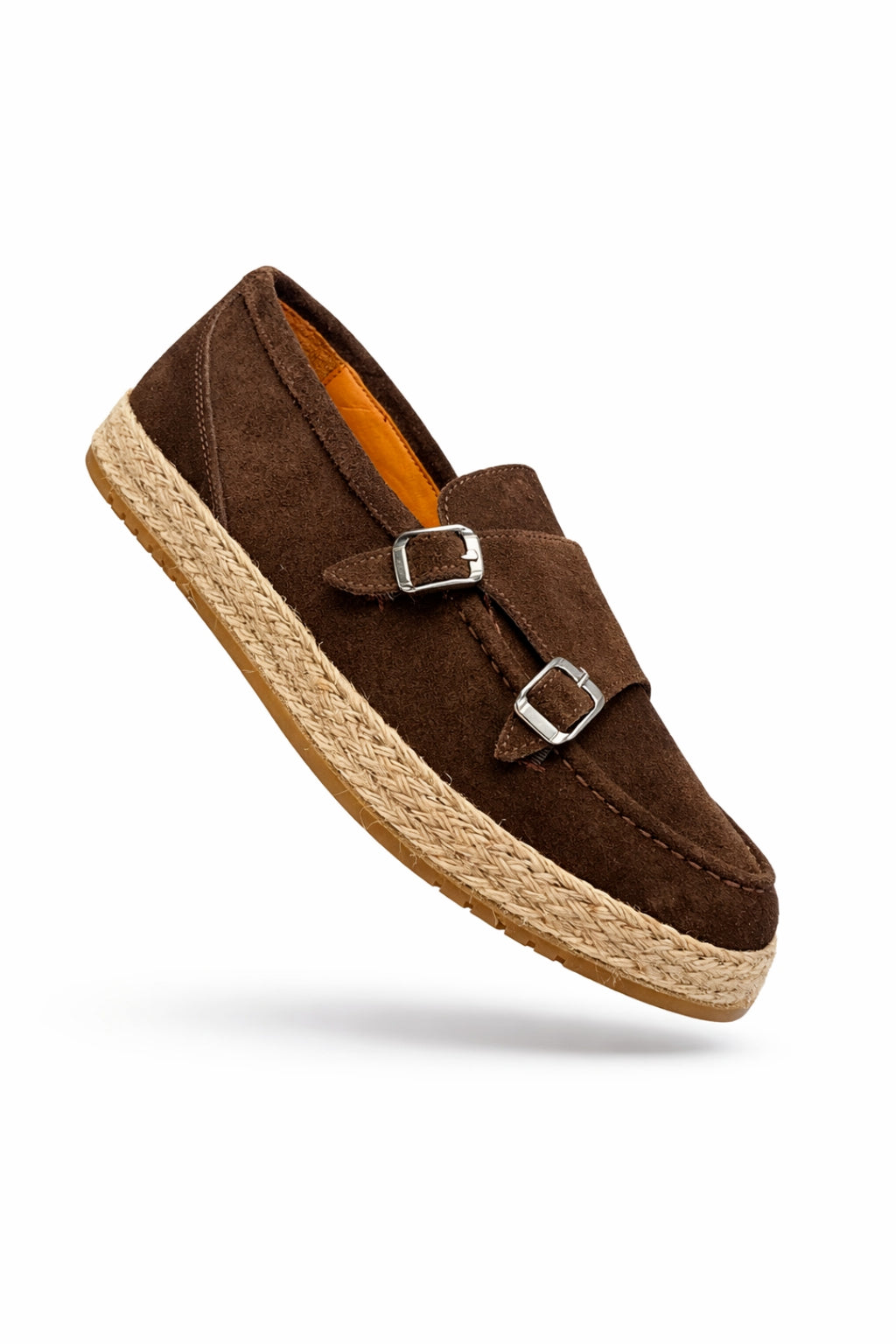 Kahve Hakiki Süet Deri Hasır Kaplama Tabanlı Double Monk Strap