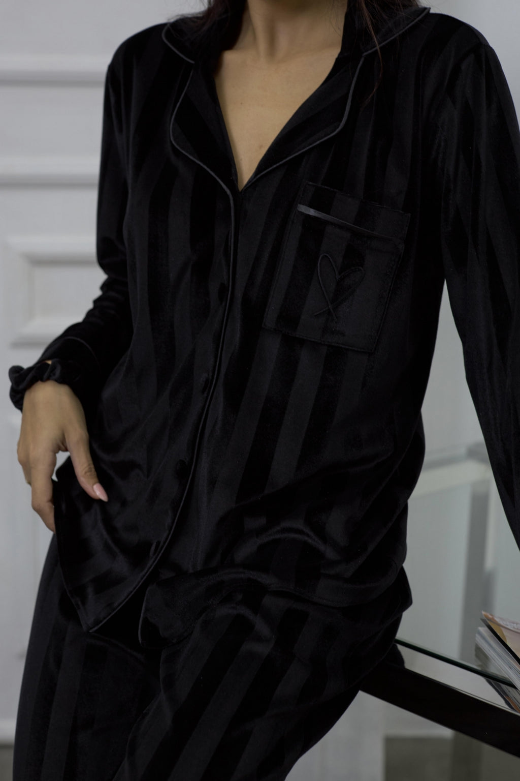 Estelle Striped Velvet Pajama Set — Red