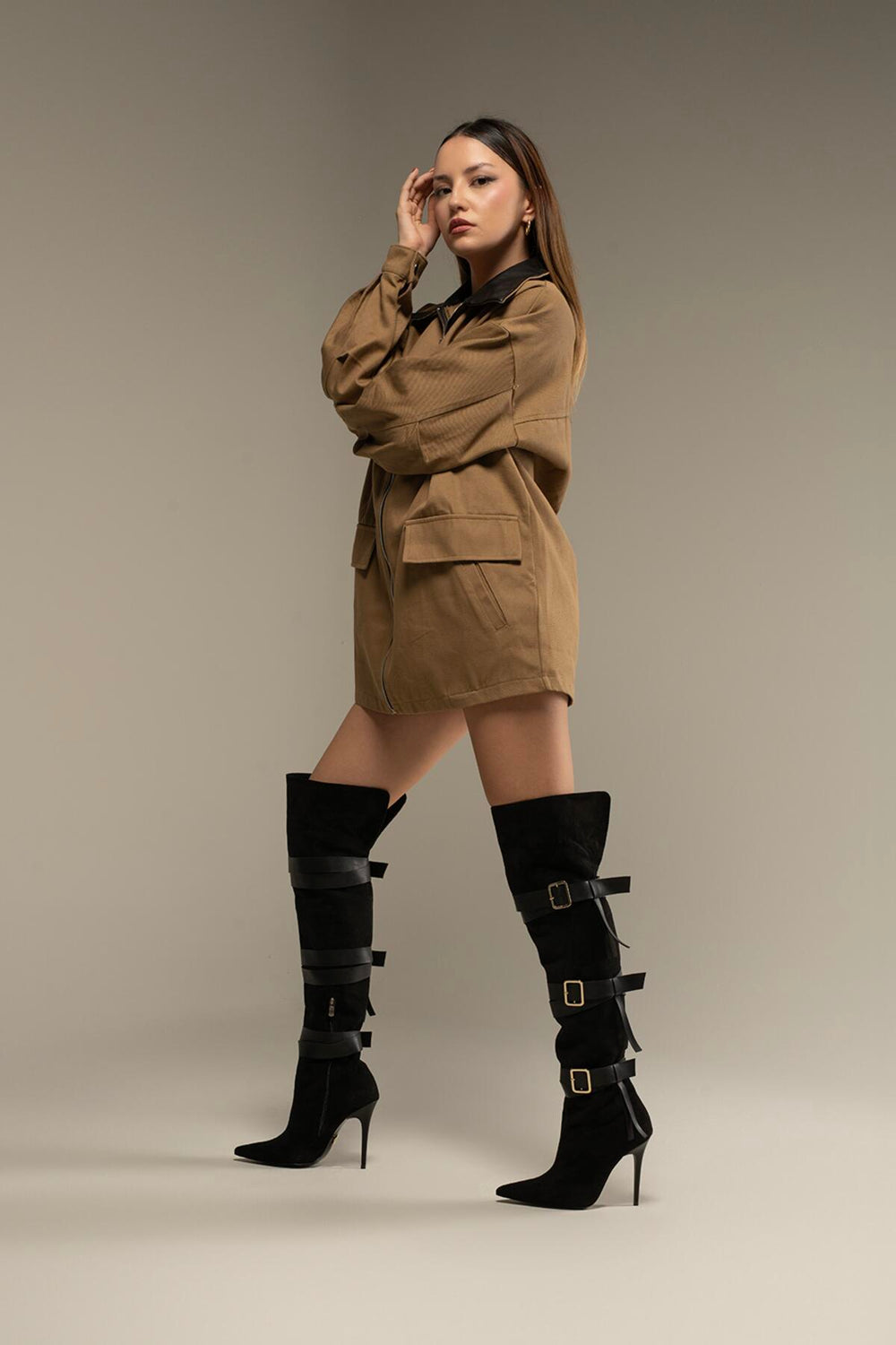 Ravelle Buckle Over-the-Knee Stiletto Boots – Tan Suede