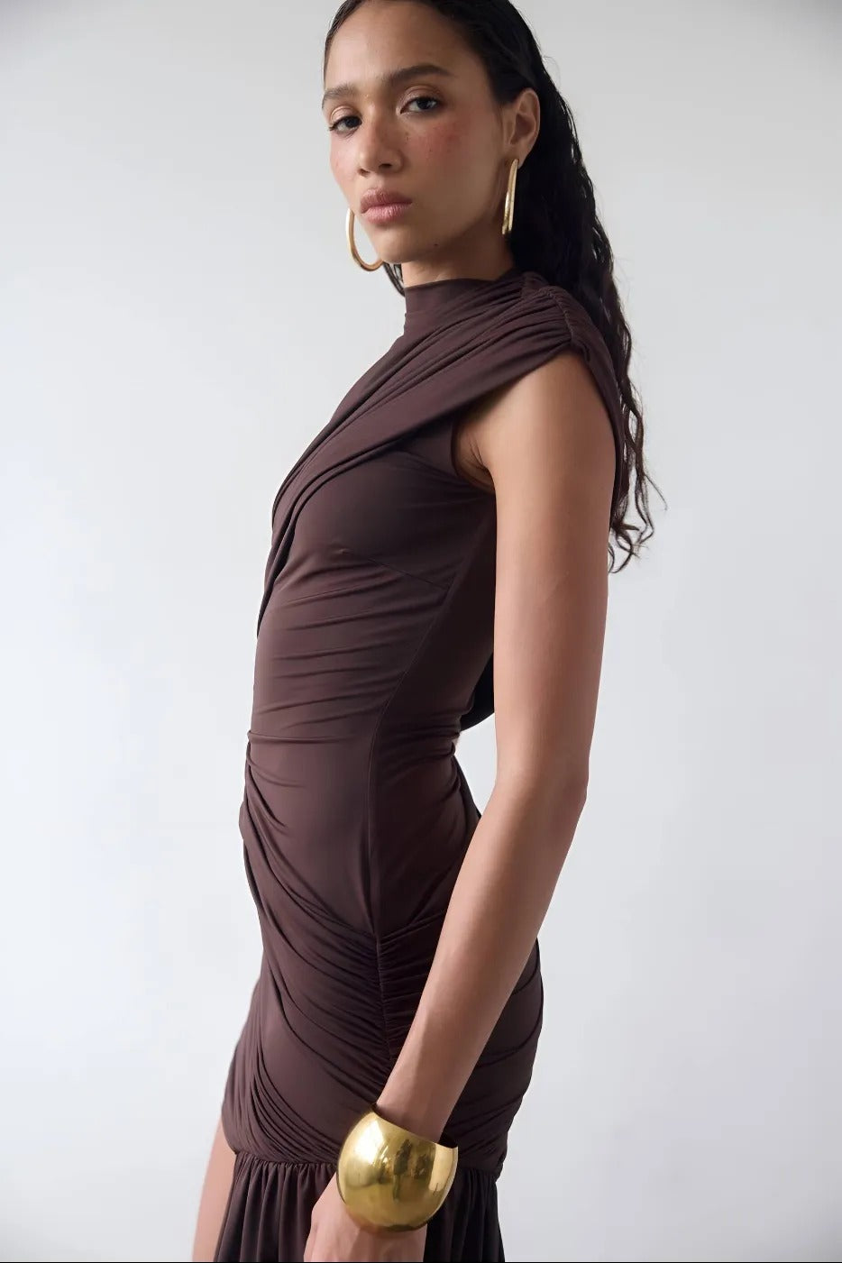 Aureline Ruched Draped Mini Dress – Chocolate Brown