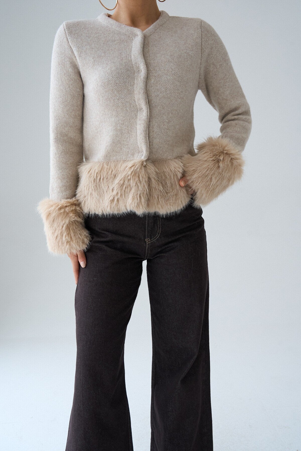 Orwick Faux Fur Trim Snap-Button Cardigan – Ecru