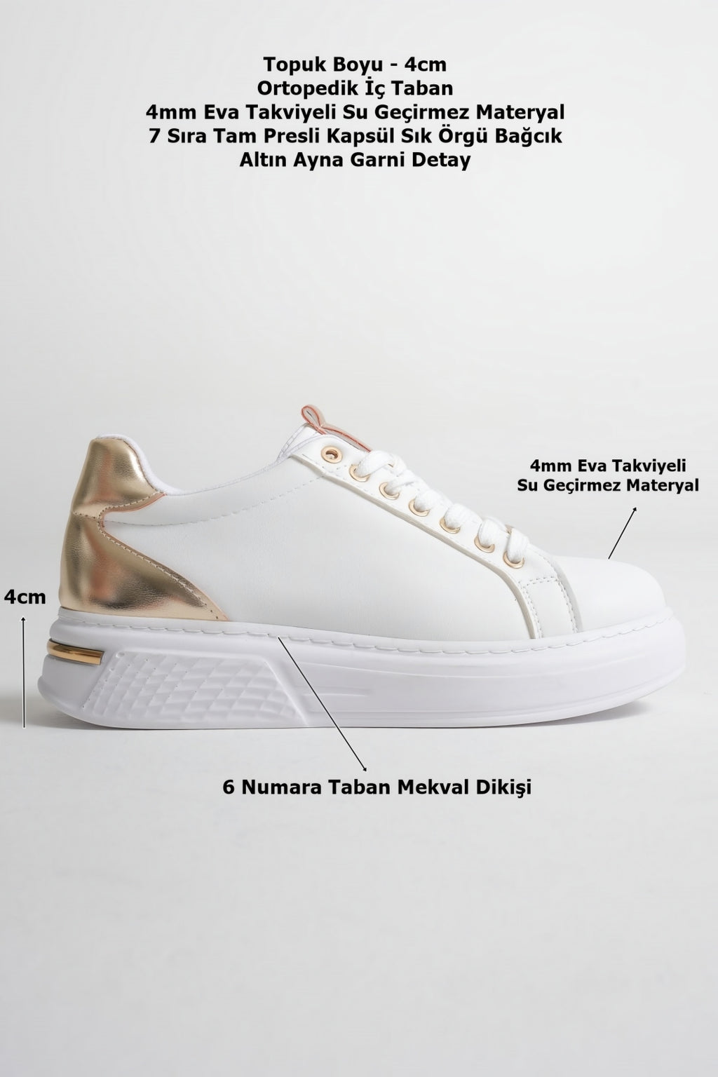 Altın Ayna Garnili Beyaz Kadın Sneaker Ortopedik Taban (4 cm)
