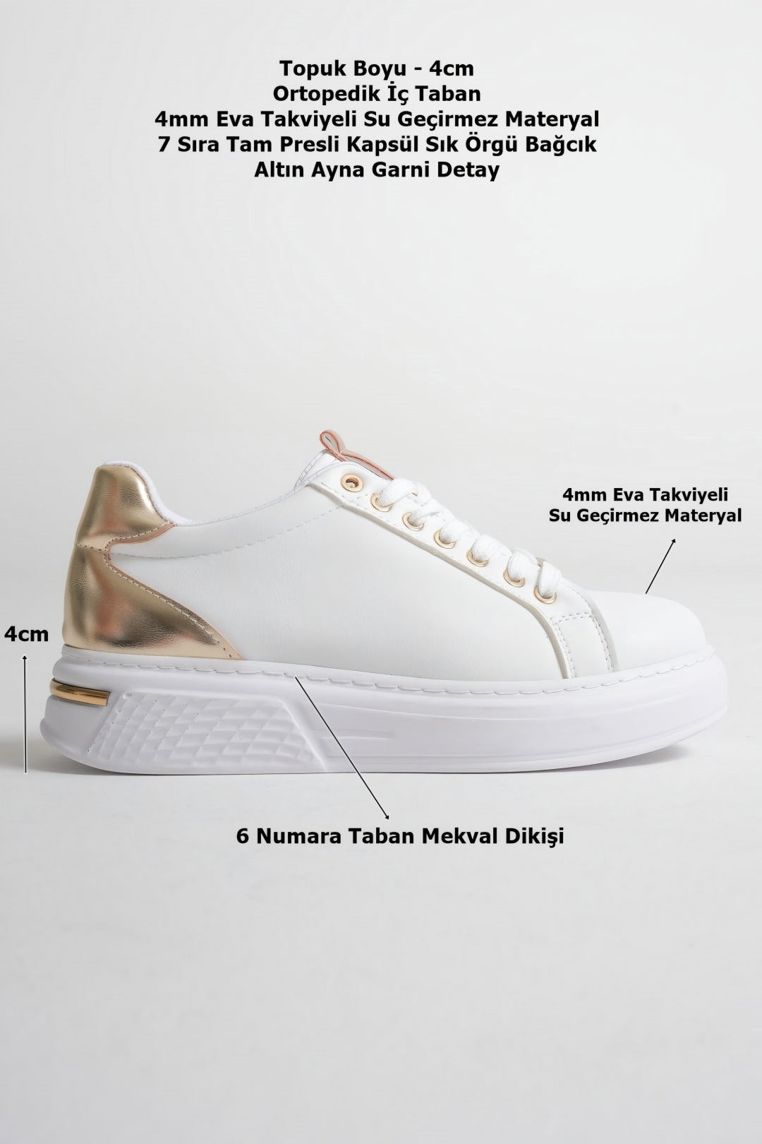 Altın Ayna Garnili Beyaz Kadın Sneaker Ortopedik Taban (4 cm)