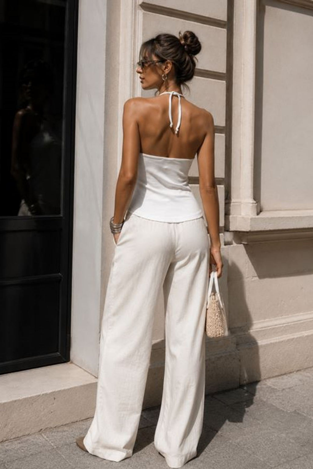 Serenelle Beaded Halter Neck Ribbed Top – White