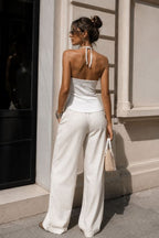Serenelle Beaded Halter Neck Ribbed Top – White
