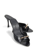 Mirelya Black Patent Leather Women's Heeled Slippers with Metal Bow Detail - 8 CM Slim Heel Comfort