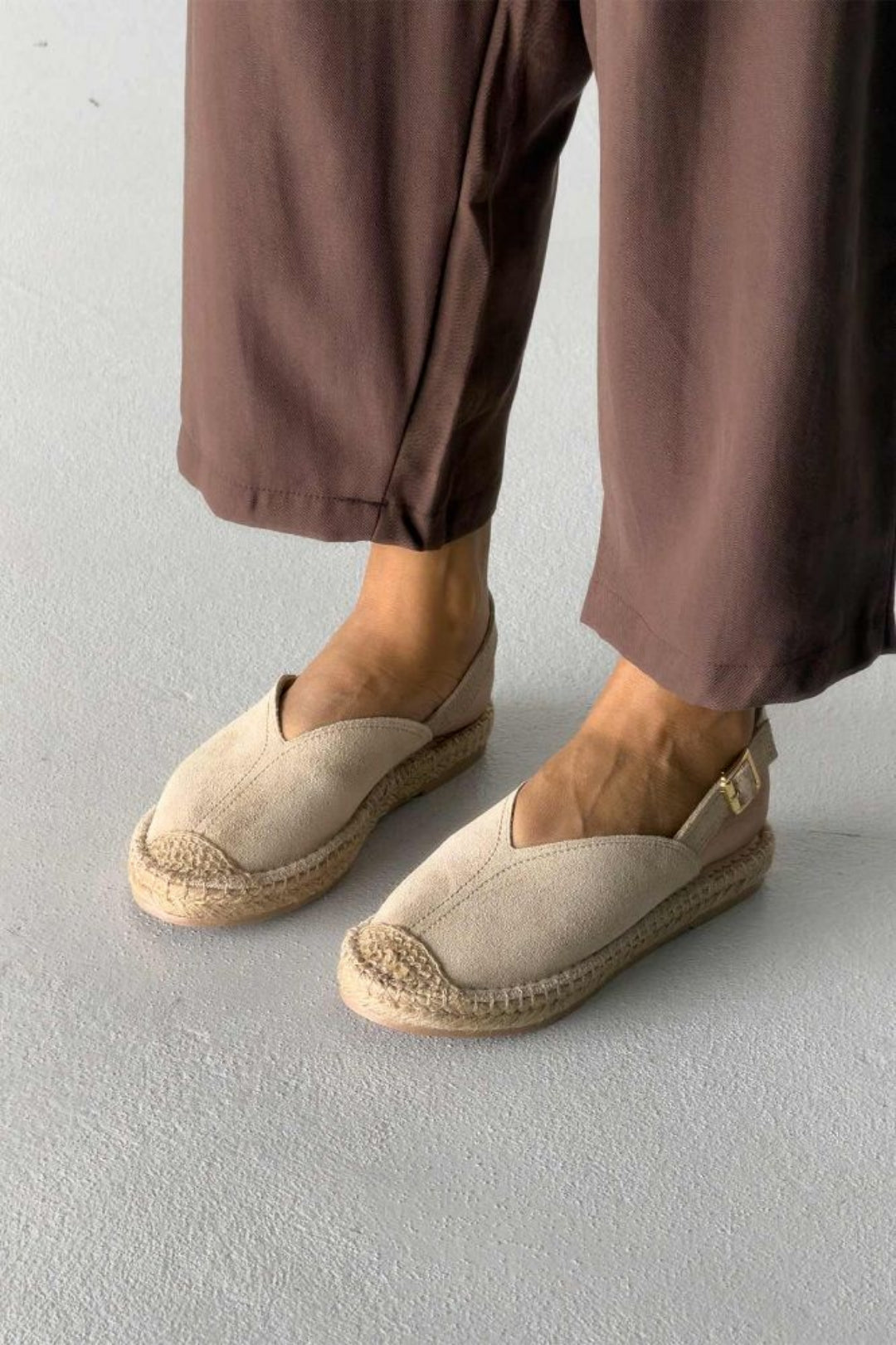 Heidi – Genuine Suede Leather Espadrille Slingback Flats – Sand