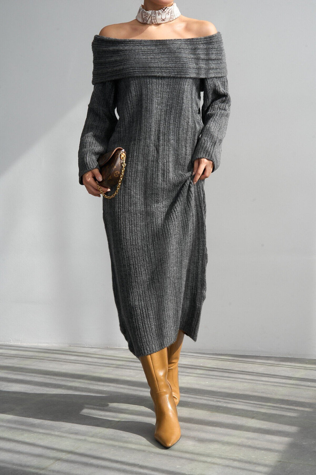 Avenor Ribbed Off-Shoulder Knit Maxi Dress