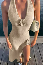 Elaria Rose-Sculpted Knit Maxi Dress – Beige