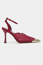 Celestia Royale Lace Couture Ankle Strap Heels – Burgundy