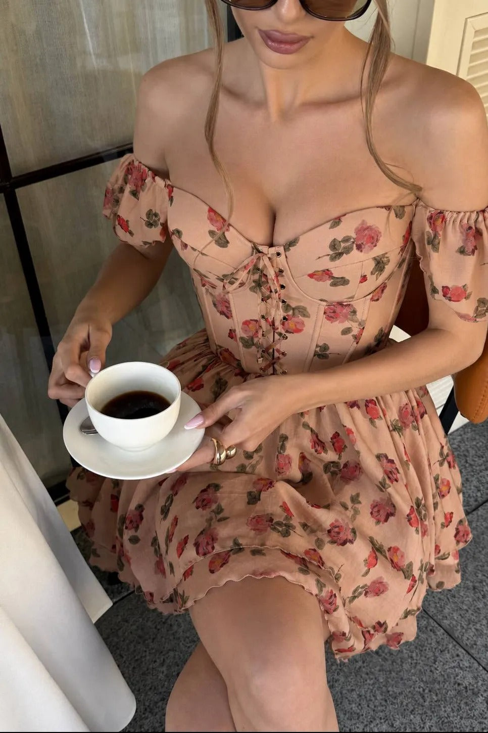 Elowen Floral Corset Mini Dress – Blush Beige