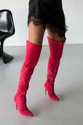 Zavielle Over-the-Knee Stiletto Boots – Crystal-Embellished Red Suede