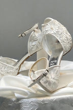 White Floral Lace Wedding Shoes - Platform Block Heel Open Toe Bridal Shoes