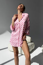 Rosalie Heart-Print Satin Shirt-Collar Night Tunic – Pink