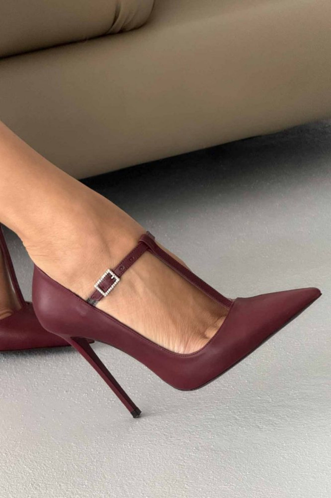 Vanessa Burgundy T-Strap Crystal Buckle Stiletto Pumps – 12 CM Heel