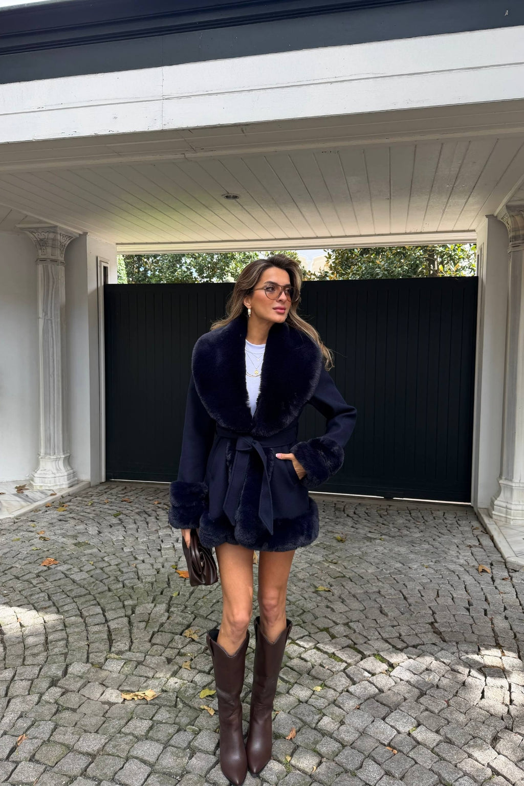 Maelis Faux Fur Trim Belted Coat – Navy