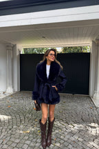 Maelis Faux Fur Trim Belted Coat – Navy