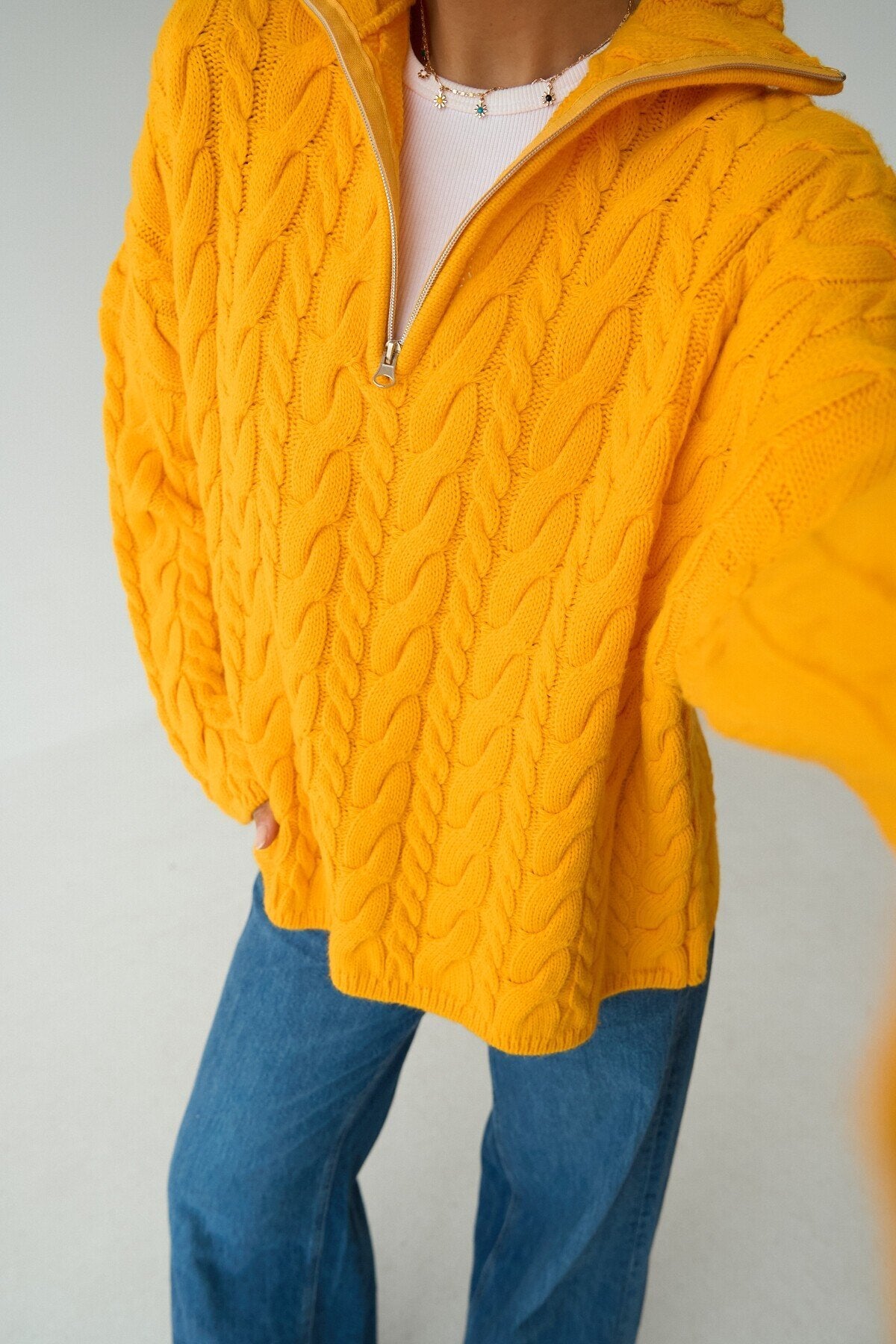 Merrick Chunky Cable-Knit Half-Zip Sweater – Orange