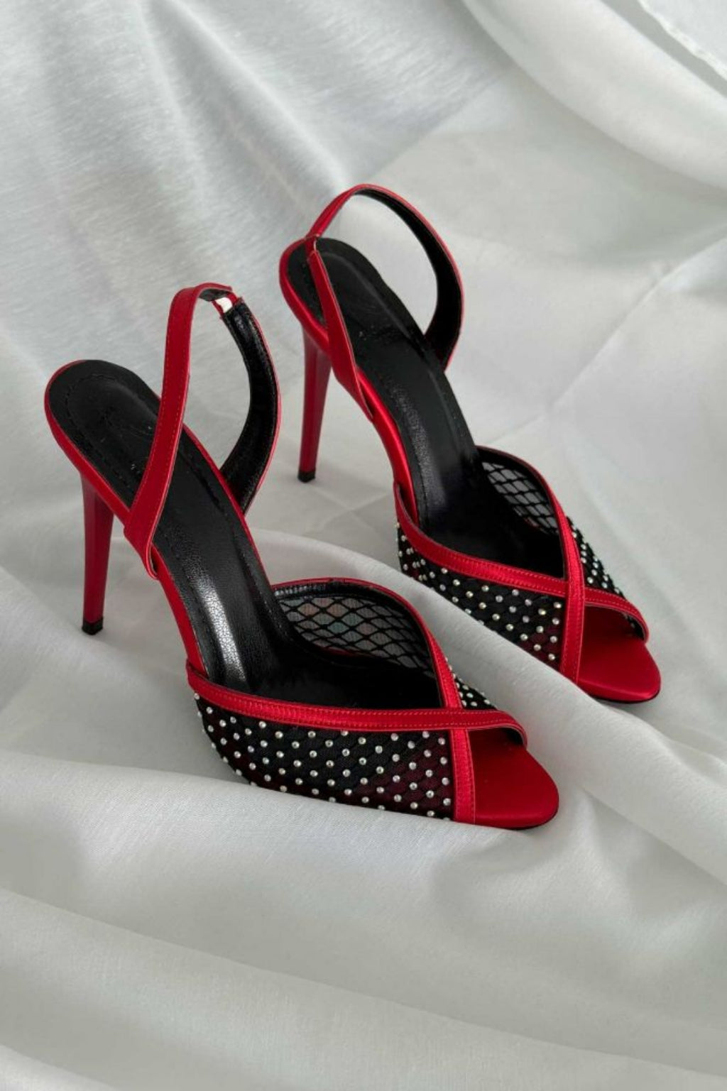 Valentina Crystal Mesh Slingback Stiletto Heels – Red Satin