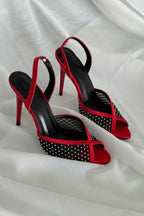 Valentina Crystal Mesh Slingback Stiletto Heels – Red Satin