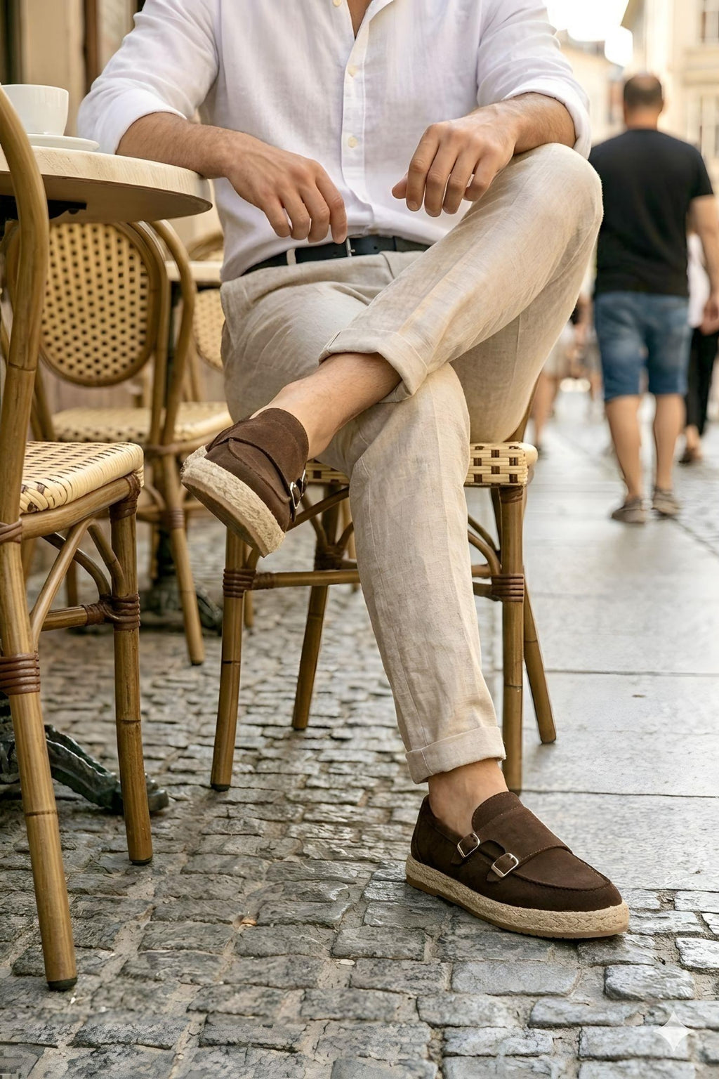 Kahve Hakiki Süet Deri Hasır Kaplama Tabanlı Double Monk Strap