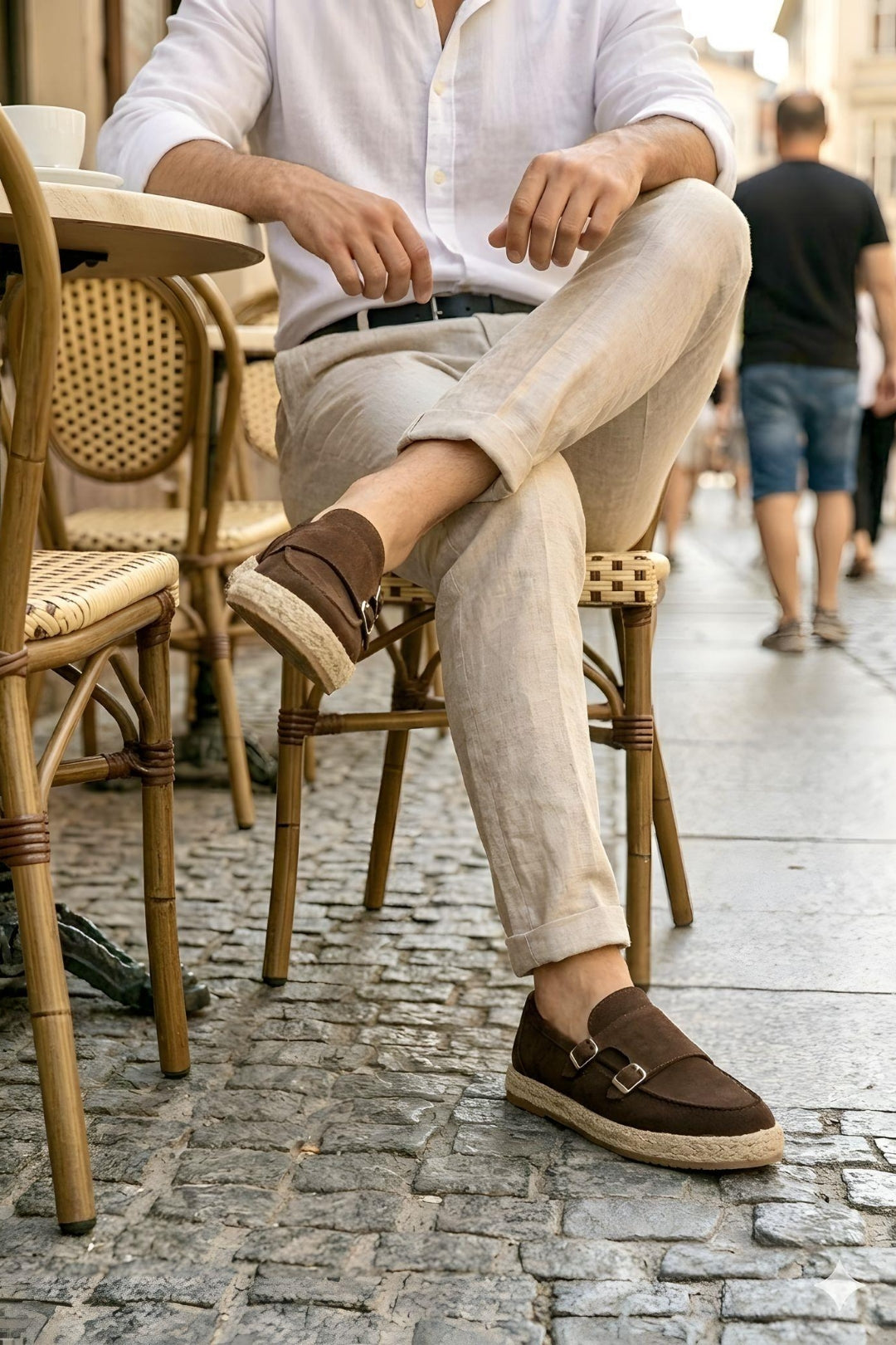 Kahve Hakiki Süet Deri Hasır Kaplama Tabanlı Double Monk Strap