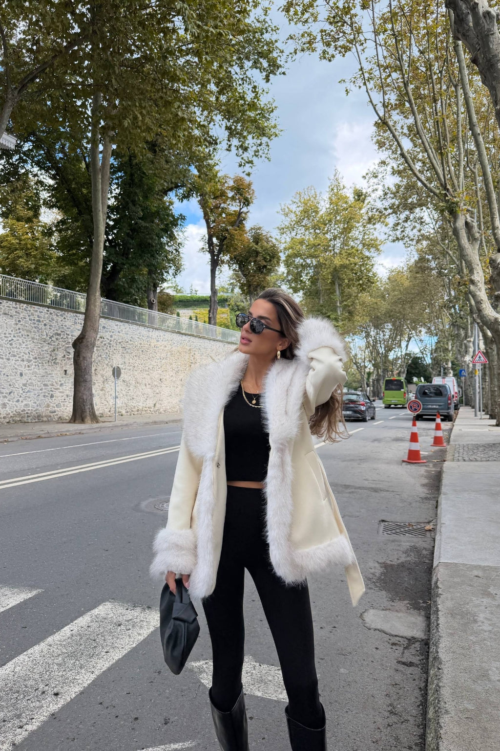 Maelis Faux Fur Trim Belted Coat – Navy