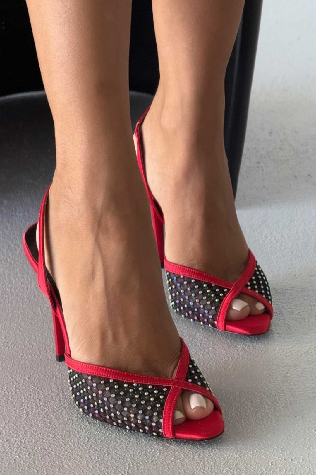 Valentina Crystal Mesh Slingback Stiletto Heels – Red Satin