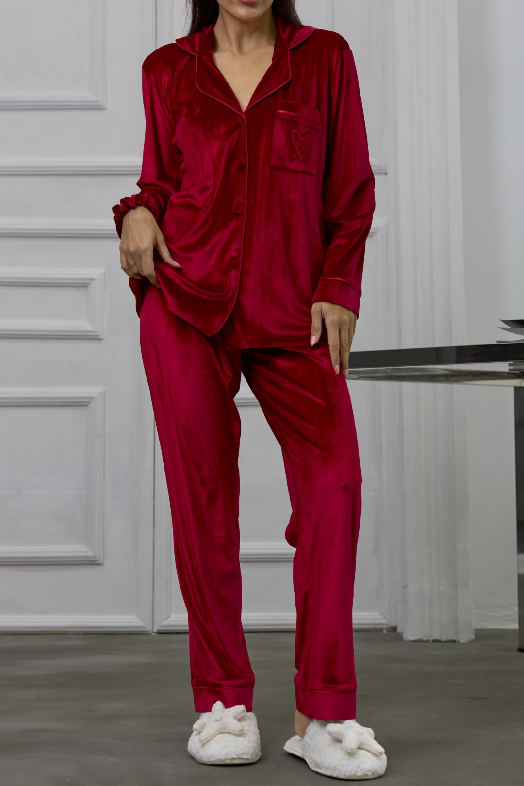 Estelle Striped Velvet Pajama Set — Red