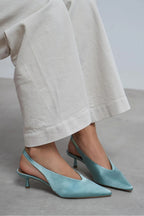 WILSON Satin Slingback Kitten Heel – Turquoise