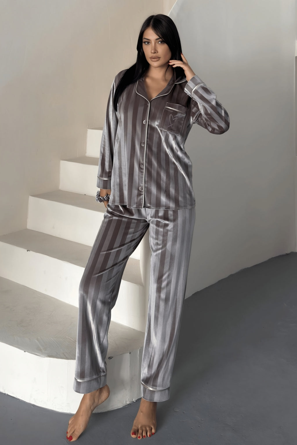 Estelle Striped Velvet Pajama Set – Grey