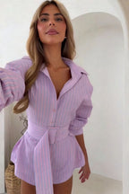Seravelle Striped Belted Shirt & Shorts Set – Green