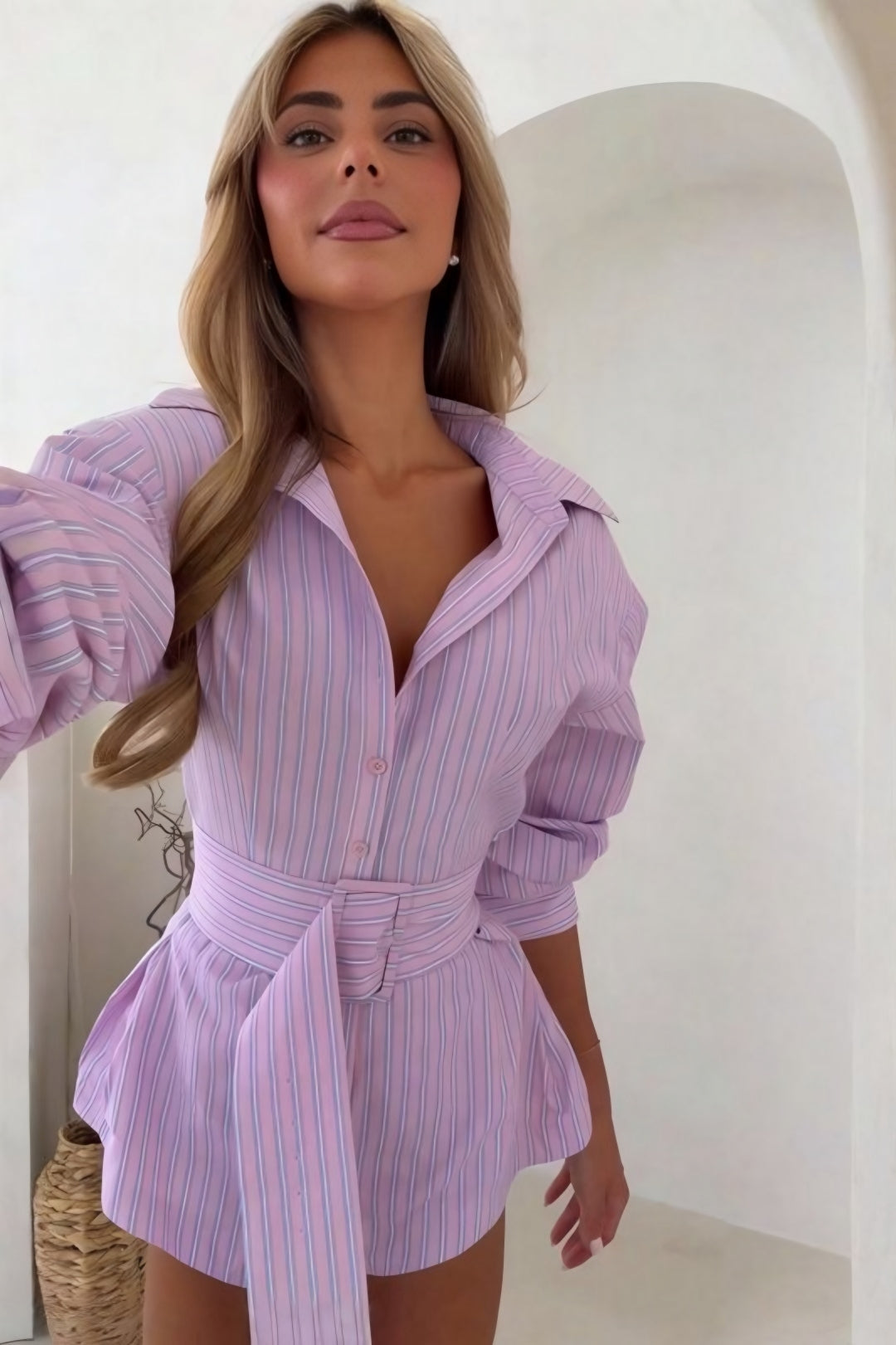 Seravelle Striped Belted Shirt & Shorts Set – Green