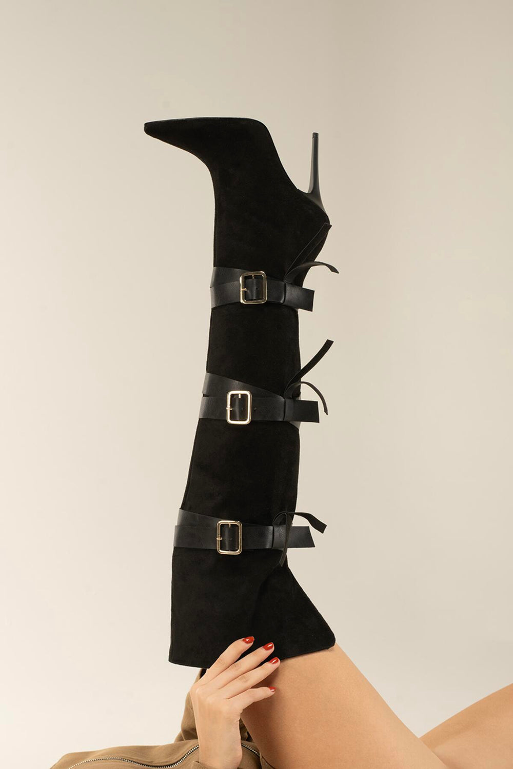 Ravelle Buckle Over-the-Knee Stiletto Boots – Tan Suede