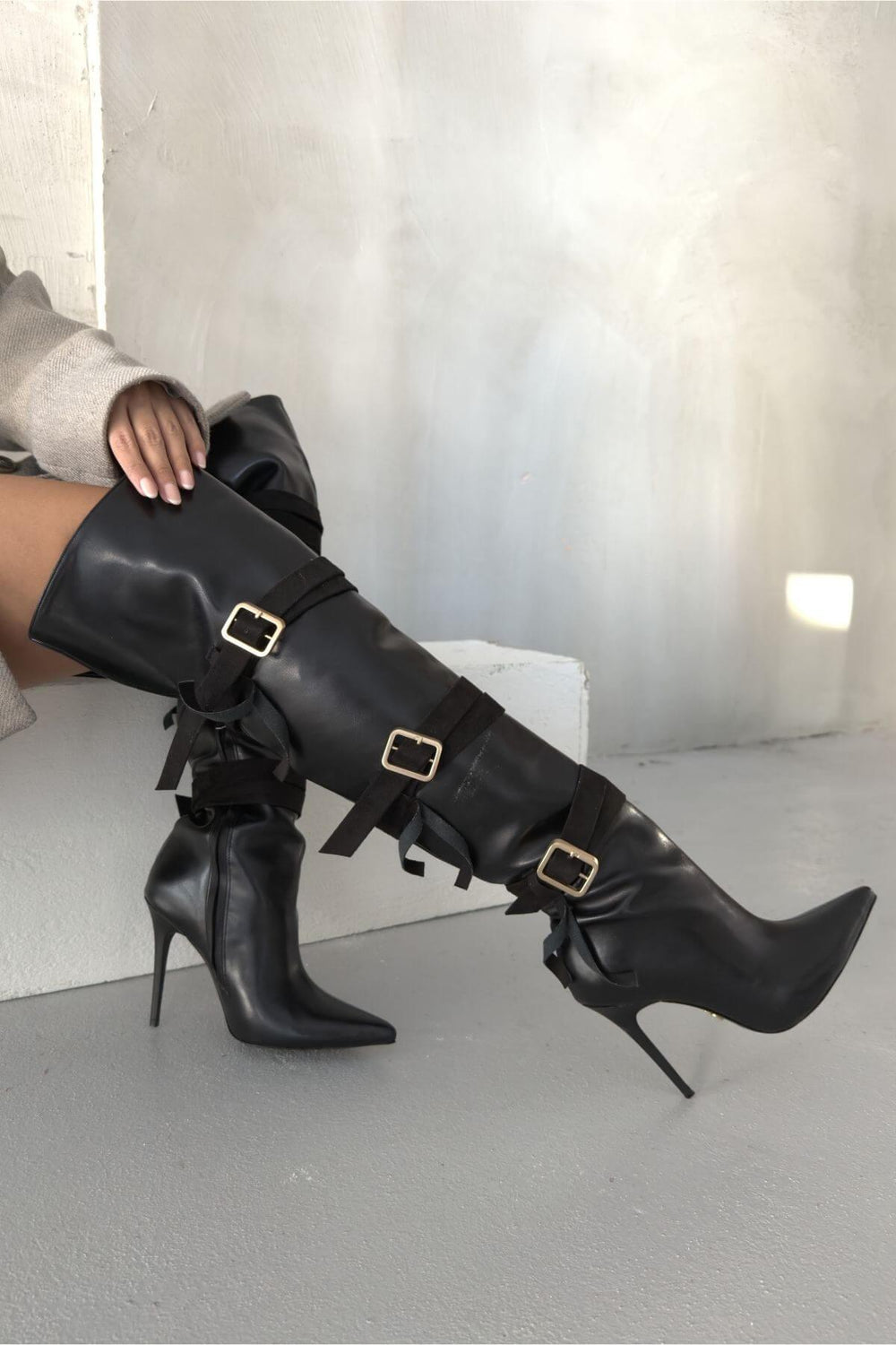 Ravelle Buckle Over-the-Knee Stiletto Boots – Tan Suede