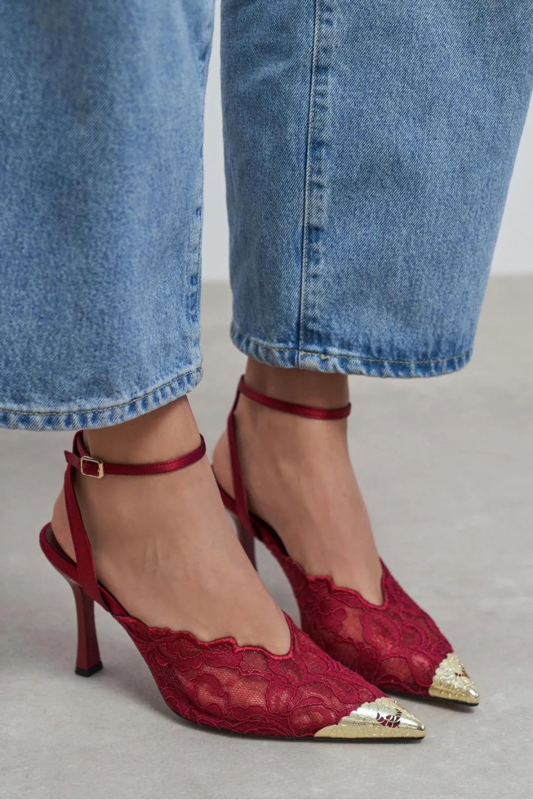 Celestia Royale Lace Couture Ankle Strap Heels – Burgundy