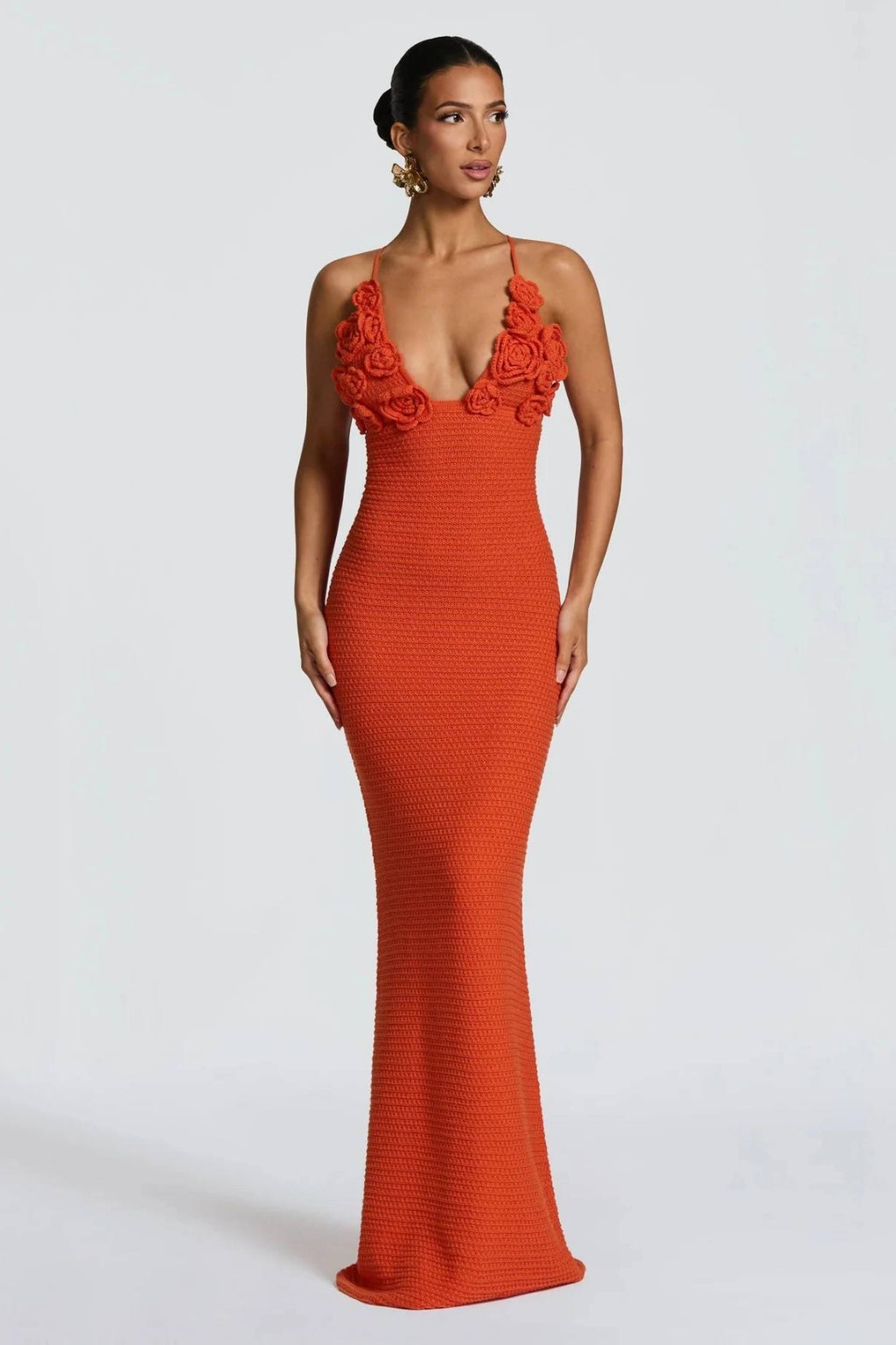 Solara Bloom Crochet Maxi Dress – Orange Floral Lace Knit