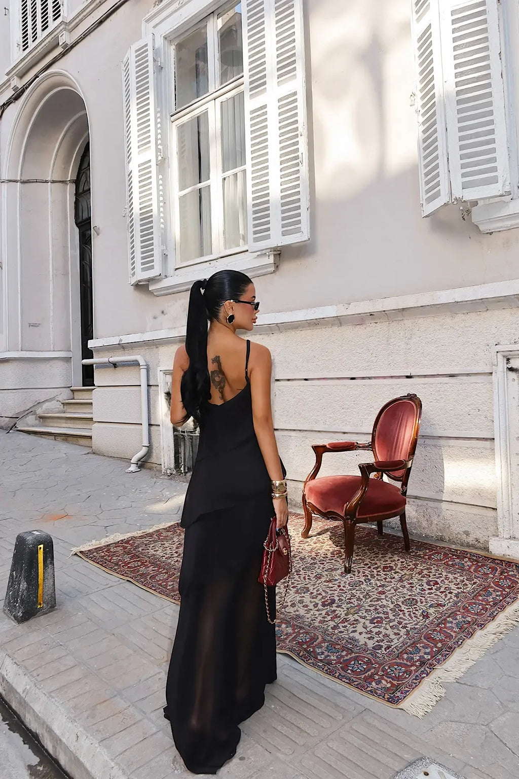 Liorenne Layered Chiffon Maxi Dress – Black