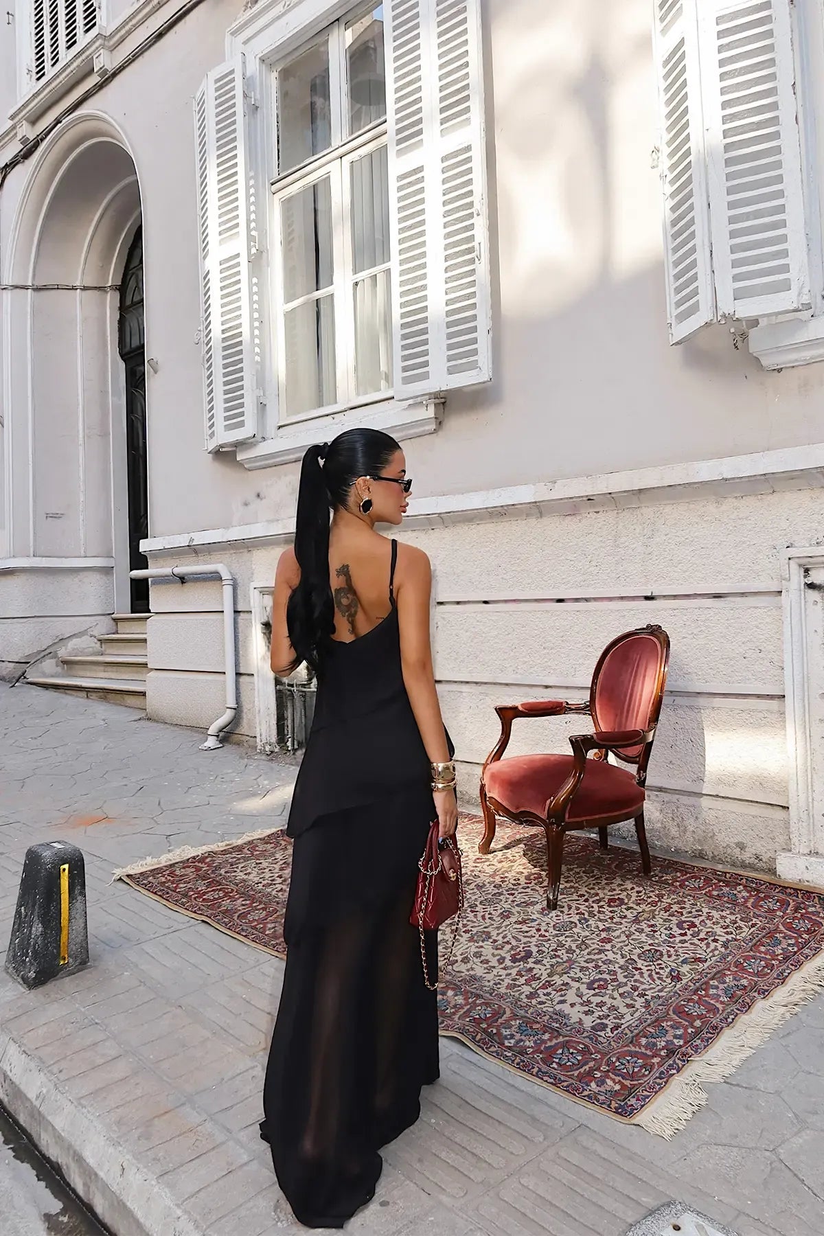 Liorenne Layered Chiffon Maxi Dress – Black